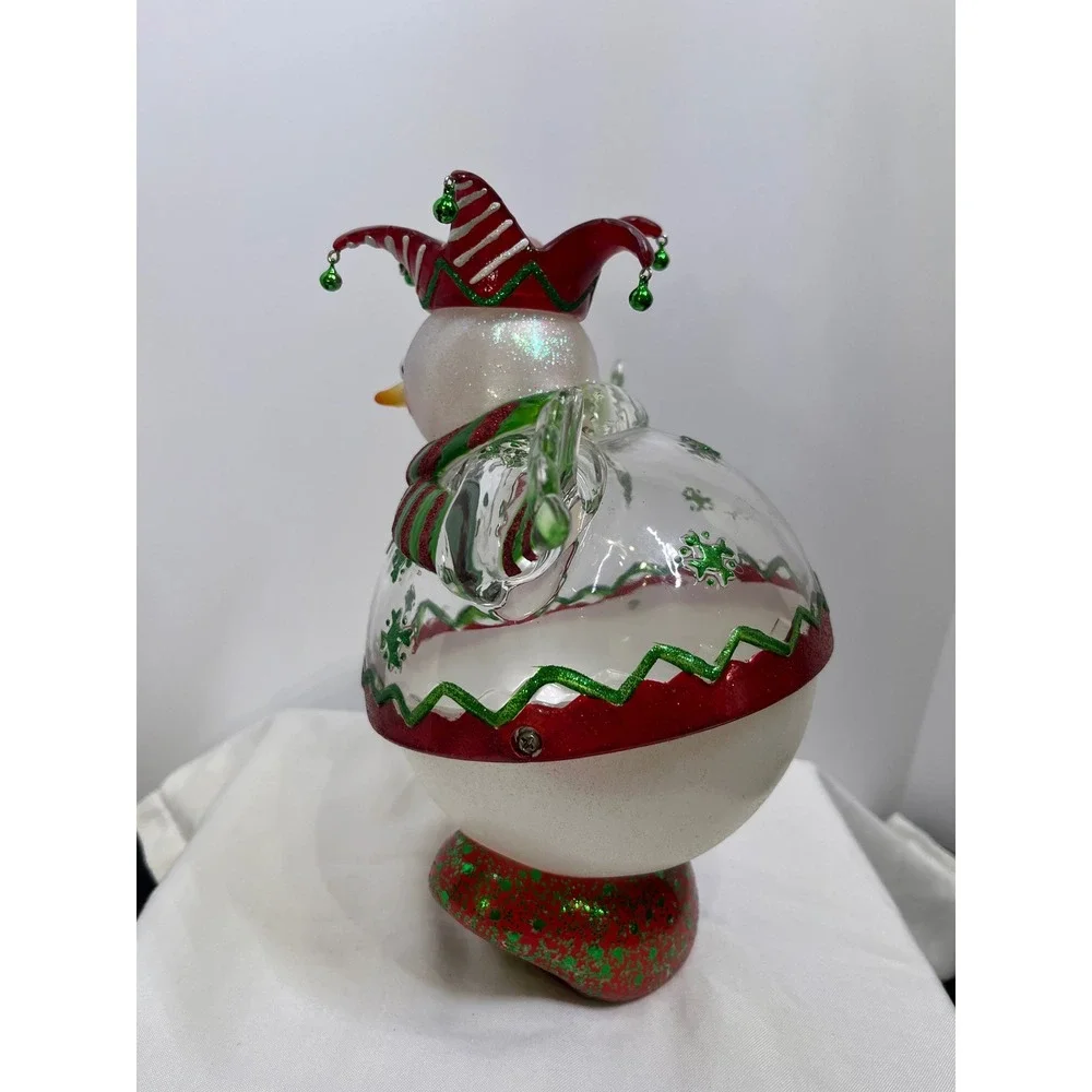 Snowman Jester Figurine Christmas Holiday Decor Glass Glitter Bells 9.5 Inch